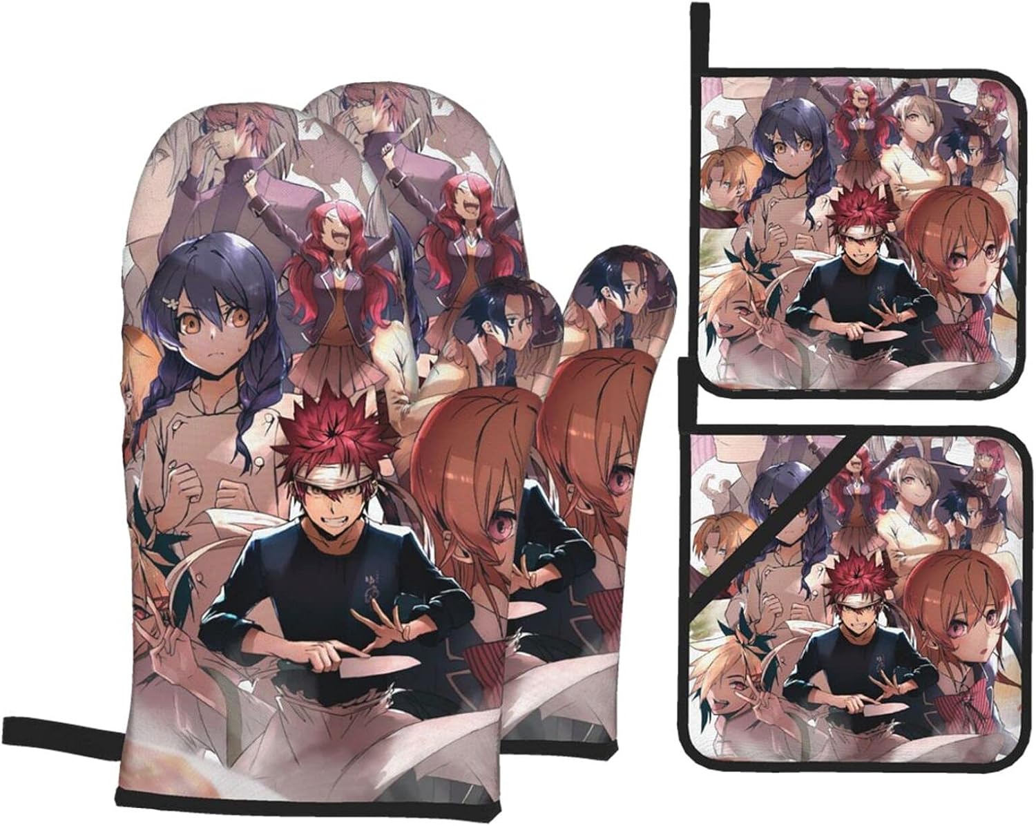 BattLeo Anime Food Wars Shokugeki No Soma Oven Mitts and Pot Holders Sets 4-Piece, Fireproof Non-Slip Surface Cooking Hanging Gloves, for Baking Grilling BBQ