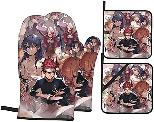 BattLeo Anime Food Wars Shokugeki No Soma Oven Mitts and Pot Holders Sets 4-Piece, Fireproof Non-Slip Surface Cooking Hanging Gloves, for Baking Grilling BBQ