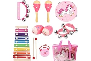 MAXZONE Kids Musical Instruments Sets, 12pcs Wooden Percussion Instruments Toys Tambourine Xylophone for Kids Playing Preschool Education, Early Learning Musical Toys for Boys Girls Gift (Pink)