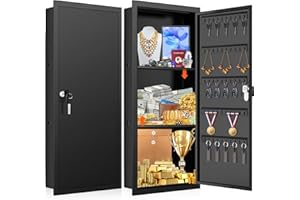 31.5" Tall Wall Safes Between the Studs with 2 Removable Shelf, Lockable Hidden Safe Box with 50 Hooks for Keys Jewellery, in