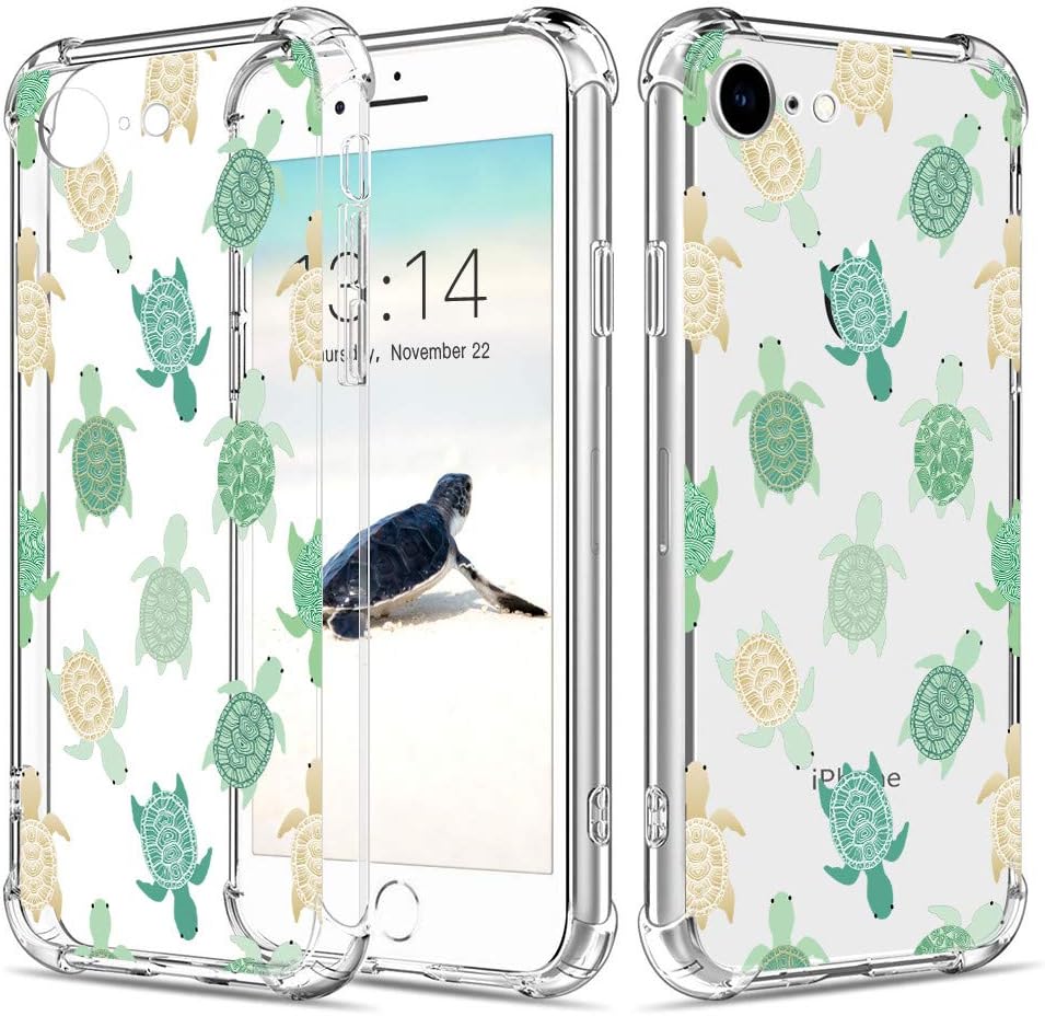 Caroki iPhone 7 Case, iPhone 8 White Case Shockproof Turtle Design [Slim Fit] Transparent Case with Reinforced Corners Soft TPU Bumper Cover For iPhone 7/8 4.7"-Cute Turtle