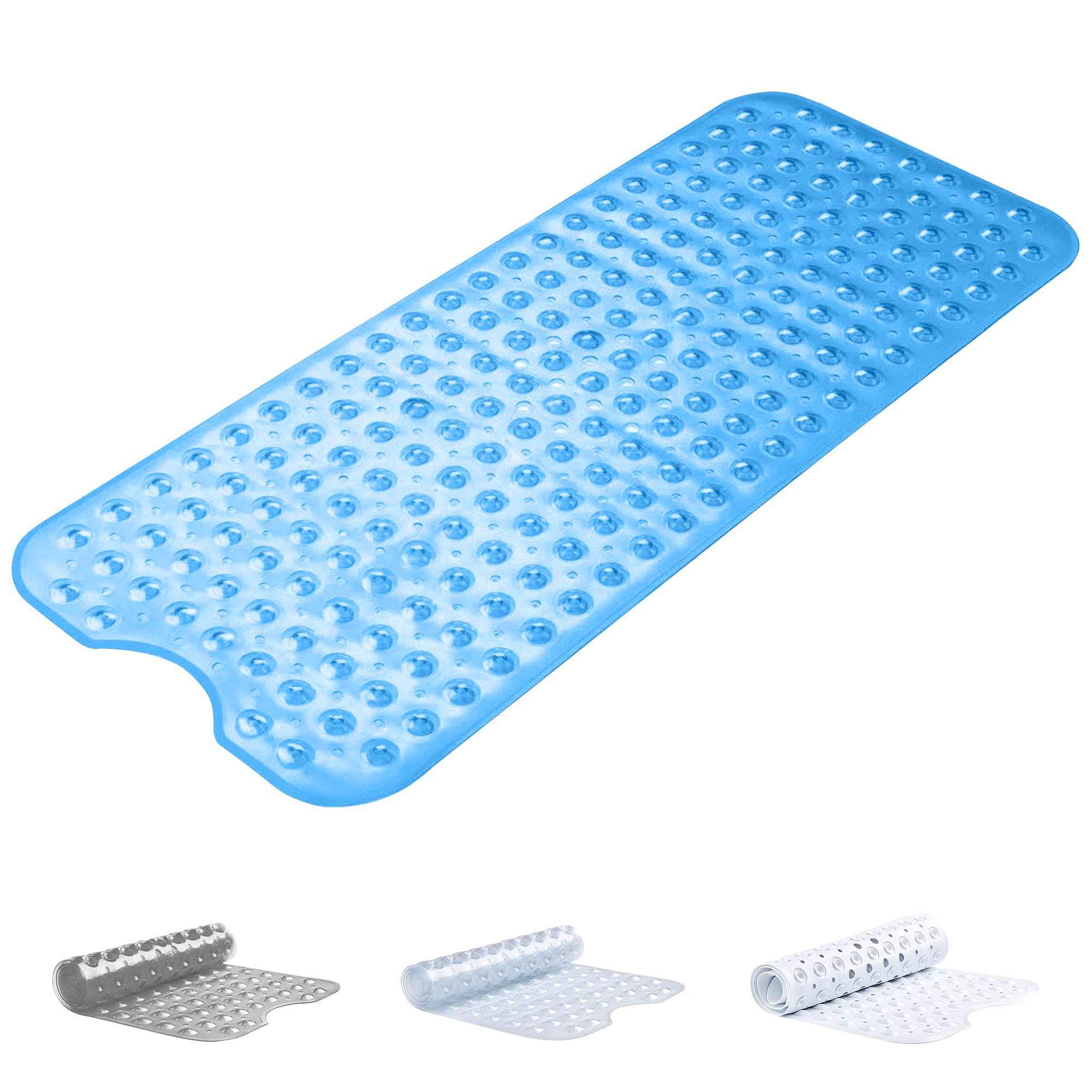 Oxford Homeware Shower Bath Mat Non Slip Anti Mould - Blue 100X40 cm Shower Mat for Bathtub and Bathroom with Drain Holes and Strong Suction Cups Machine Washable Bath Mats