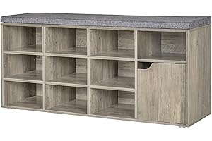 DINZI LVJ Shoe Bench, Entryway Storage Bench with Door and 10 Cubbies, Cubby Shoe Rack with Adjustable Shelves, Shoe Organizer Cabinet for Living Room, Bedroom, Mudroom, Closet and Garage, Gray Wash