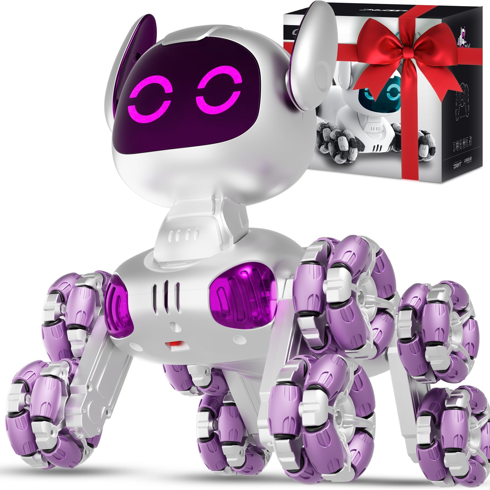 4DRC Y9 Remote Control Robot Dog Toy, 2.4Ghz 8 Wheels RC Stunt Dog Car with LED Light & Music, Interactive and Gesture Sensing Pet Toys Birthday Gifts for 3+ Year Old Kids Boys Girls, Purple