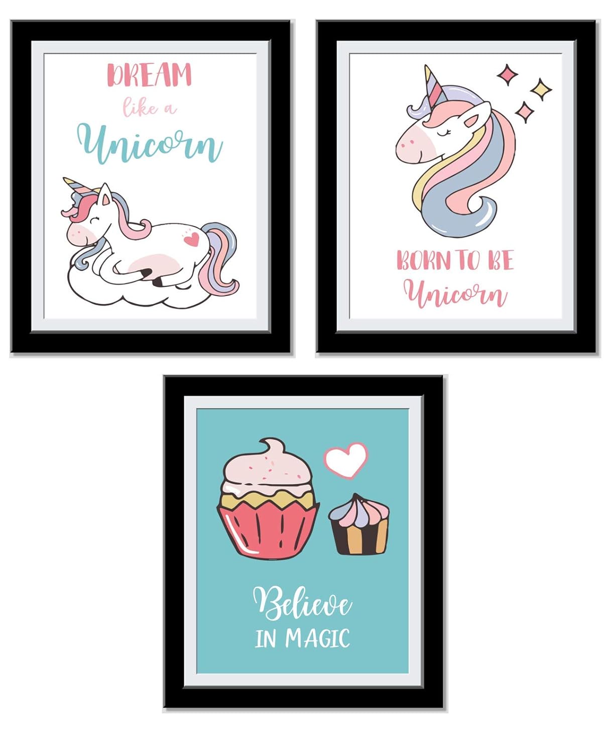 Unicorns Gifts For Girls - Unicorn Bedroom Decor For Girls - Dream like Unicorn, Born to be Unicorn, Believe in Magic - Set Of 3 8X10 Unframed Prints…