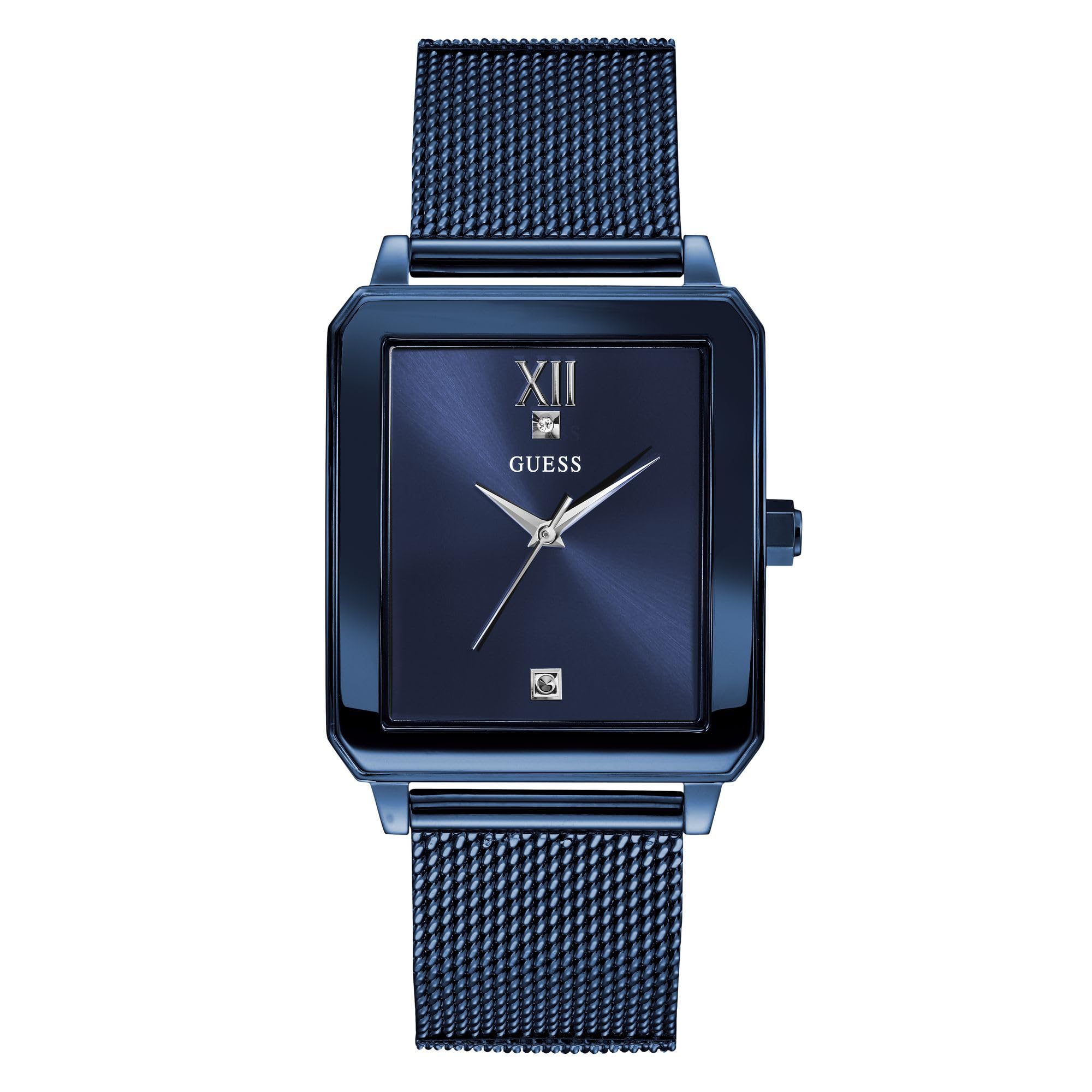 GUESS Reloj rectangular de acero inoxidable con pulsera de malla chapada en iónico azul y esfera de diamantes genuinos. Color: Azul icónico (Modelo: U1074G2)