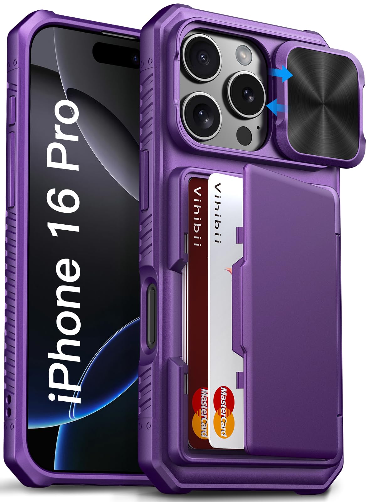 Vihibii for iPhone 16 Pro Case with Card Holder (4 Cards) [RFID Blocking] & Slide Camera Cover, Rugged Hard Back & Silicone Edge Wallet Phone Case for iPhone 16 Pro 6.3" 2024, Dark Purple