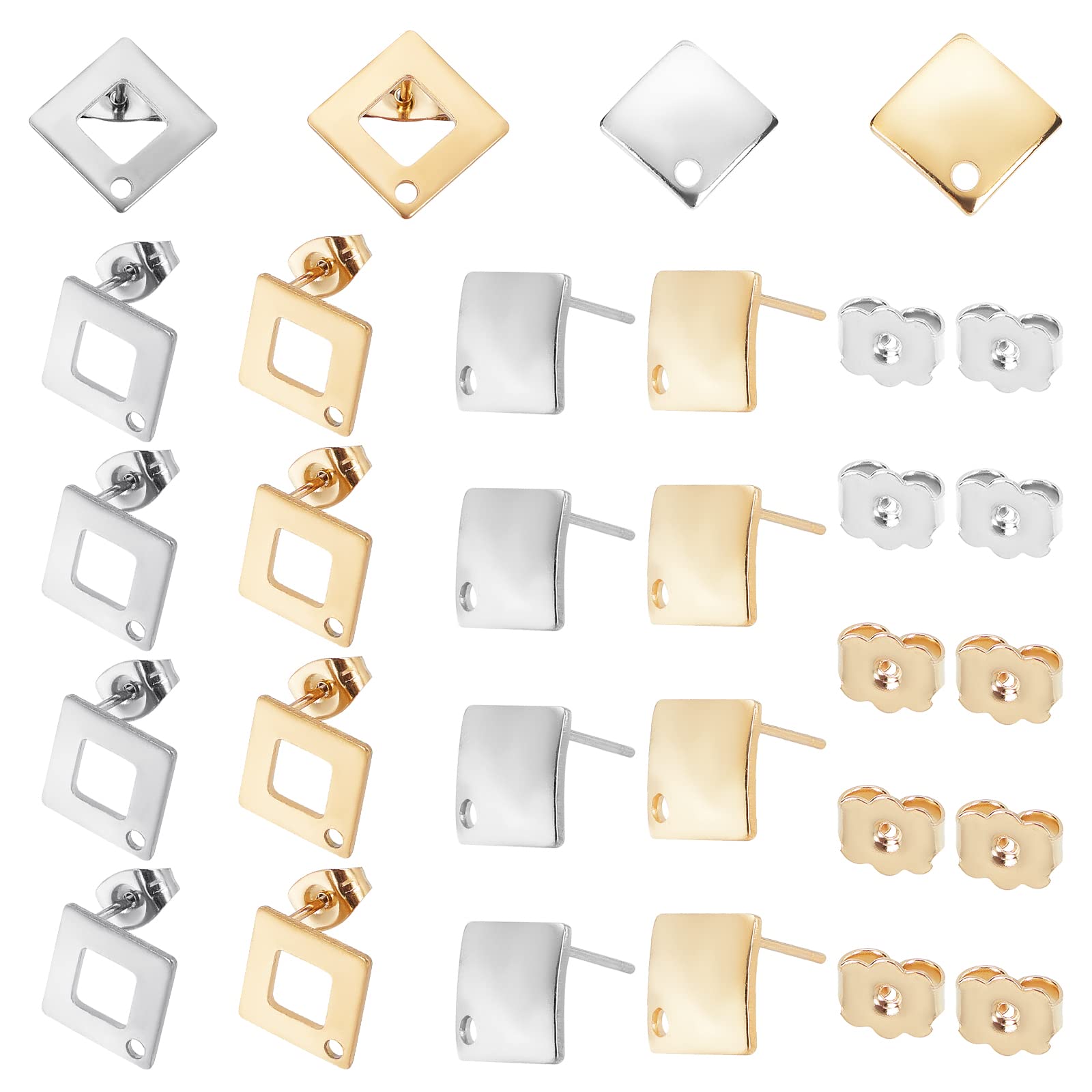 UNICRAFTALE 32 Sets 2 Colors Rhombus Stud Earring Findings 2 Styles 304 Stainless Steel Earrings Ear Stud with Ear Nuts for DIY Earrings Jewelry Making