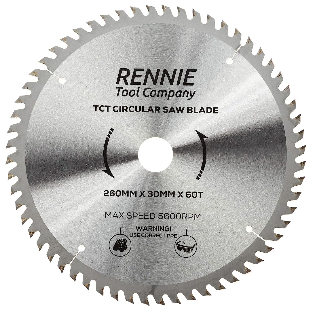 Rennie Tools - 260mm x 30mm x 60T TCT Circular Wood Saw Blade Includes 25mm 20mm & 16mm Bore Reduction Rings. Compatible with Festool Bosch Makita Dewalt Circular Saw Etc.
