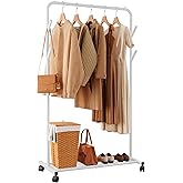 Sakugi Clothes Rack - Metal Coat Rack with Bottom Shelf, Portable Wardrobe Rack with 6 Side Rods, Rolling Clothing Rack for Hanging Clothes for Bedroom or Laundry Room (White, 28.7 x 17 x 59.4)