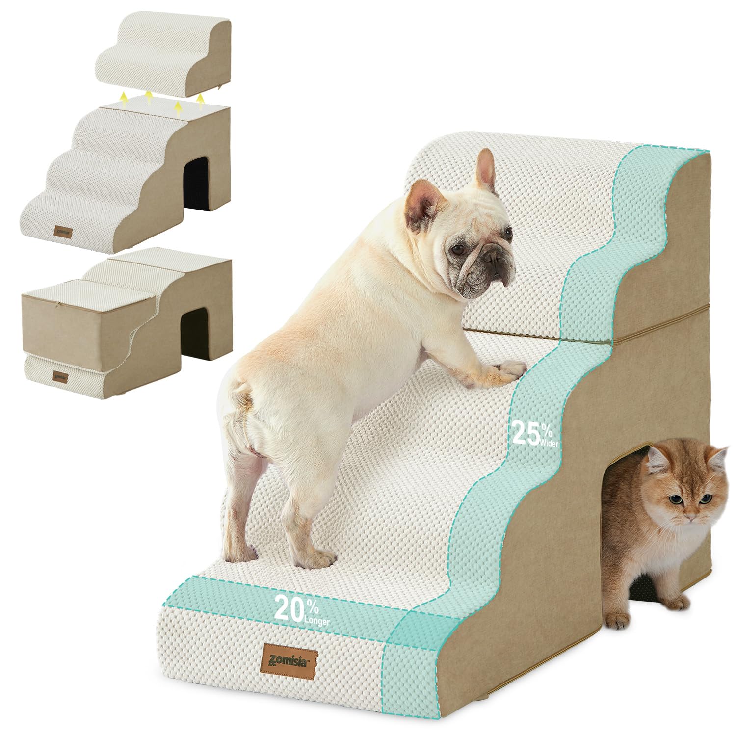 Photo 1 of ZOMISIA Dog Ramp for Large Dogs - 24" H 5 Steps Pet Stairs for High Bed with Tunnel 2 in 1 with Zippers Suitable, Indoor Cat Ladders with Non-Slip Bottom, Beige
