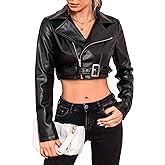 WDIRARA Women's PU Leather Zipper Buckle Belted Long Sleeve Motorcycle Crop Jacket