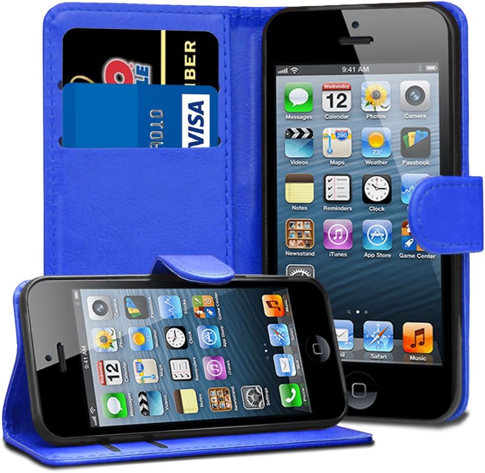 GAPlus iPhone SE 5 5S Case Premium Leather Flip Wallet Case Cover Pouch For iPhone SE 5 / 5S and Screen Protector With Polishing Cloth And Stylus (Blue)