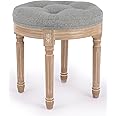 VONLUCE Ottoman Vanity Stool, French Vintage Small Ottoman Stool with Cushion and Wood Frame, 18" Round Tufted Upholstered Stool for Living Room Dining Room Entryway, Makeup Foot Stool Foot Rest, Gray