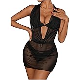 OYOANGLE Women's Sheer Mesh Halter Swimsuit Cover Up Dress Draped Front Backless Ruched Bathing Suit Coverups