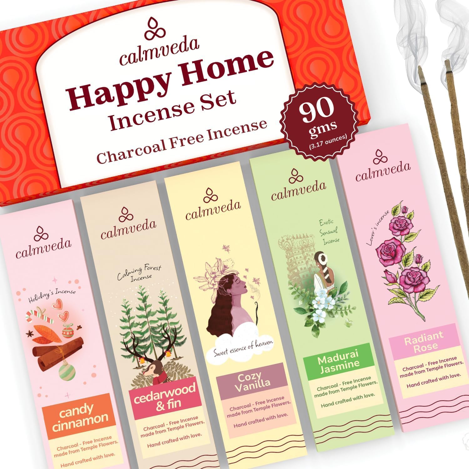 Happy Home Incense Sticks Multipack- (5 Variants) Charcoal Free, Made from Upcycled Flowers | Insense Cozy Warm Sticks Like Vanilla Cake, Balsam Cedar, Rose & Cinnamon | Perfect Incense Gift Set — image 1