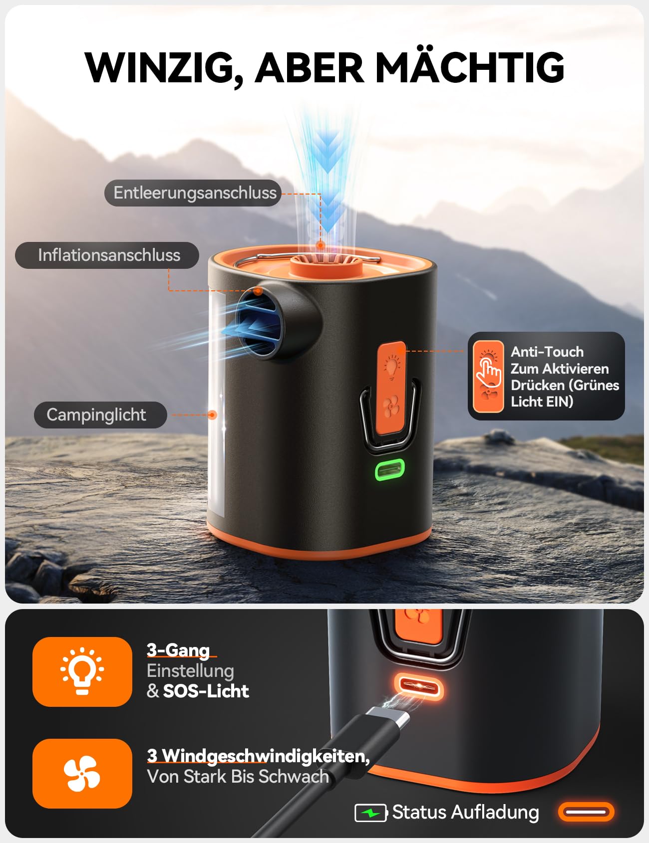 JOYROOM Elektrische Luftpumpe Kompakte für Luftmatratze mit Campinglampe, 4.8 kPa Wiederaufladbare Luftpumpe Luftmatratze mit 3600 mAh Akku Inklusive 6 Düsen Für Luftkissen Schwimmring Vakuumbeutel 6