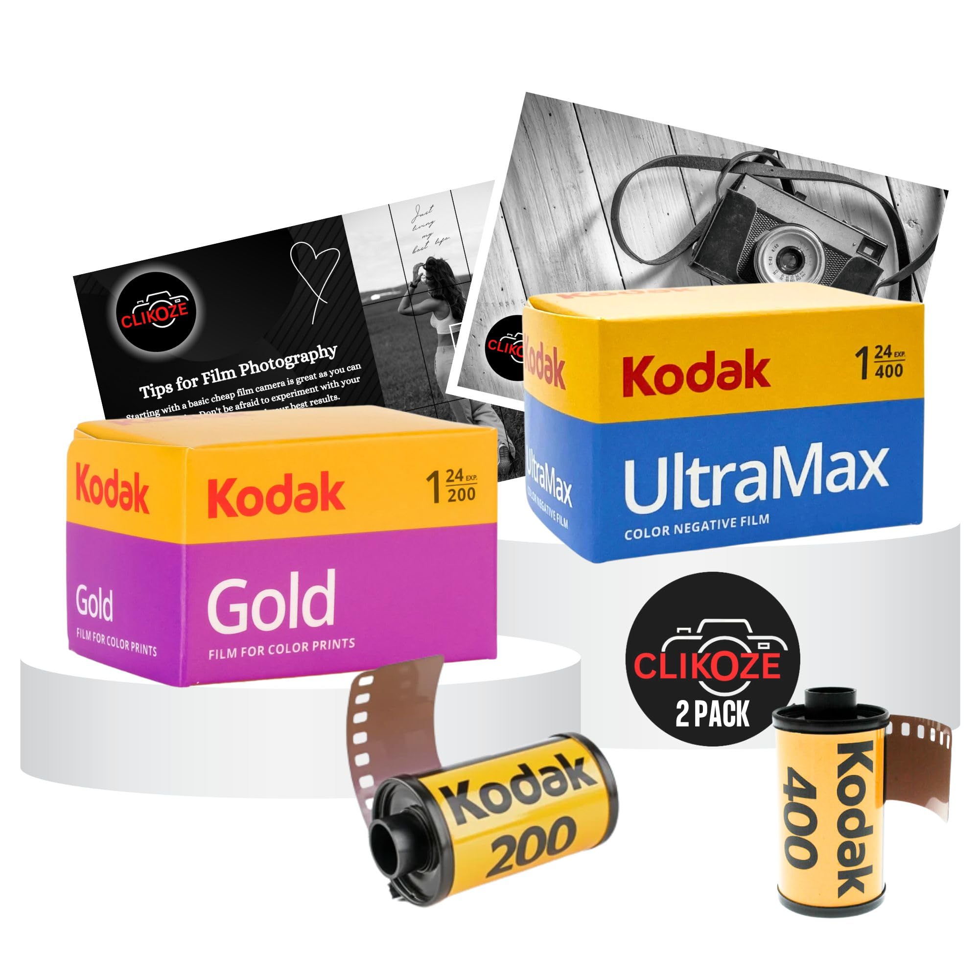 35mm Film Bundle with Kodak Gold 200 24 EXP, Kodak Ultramax 400 24 EXP and Clikoze Camera Film Photography Tips Card