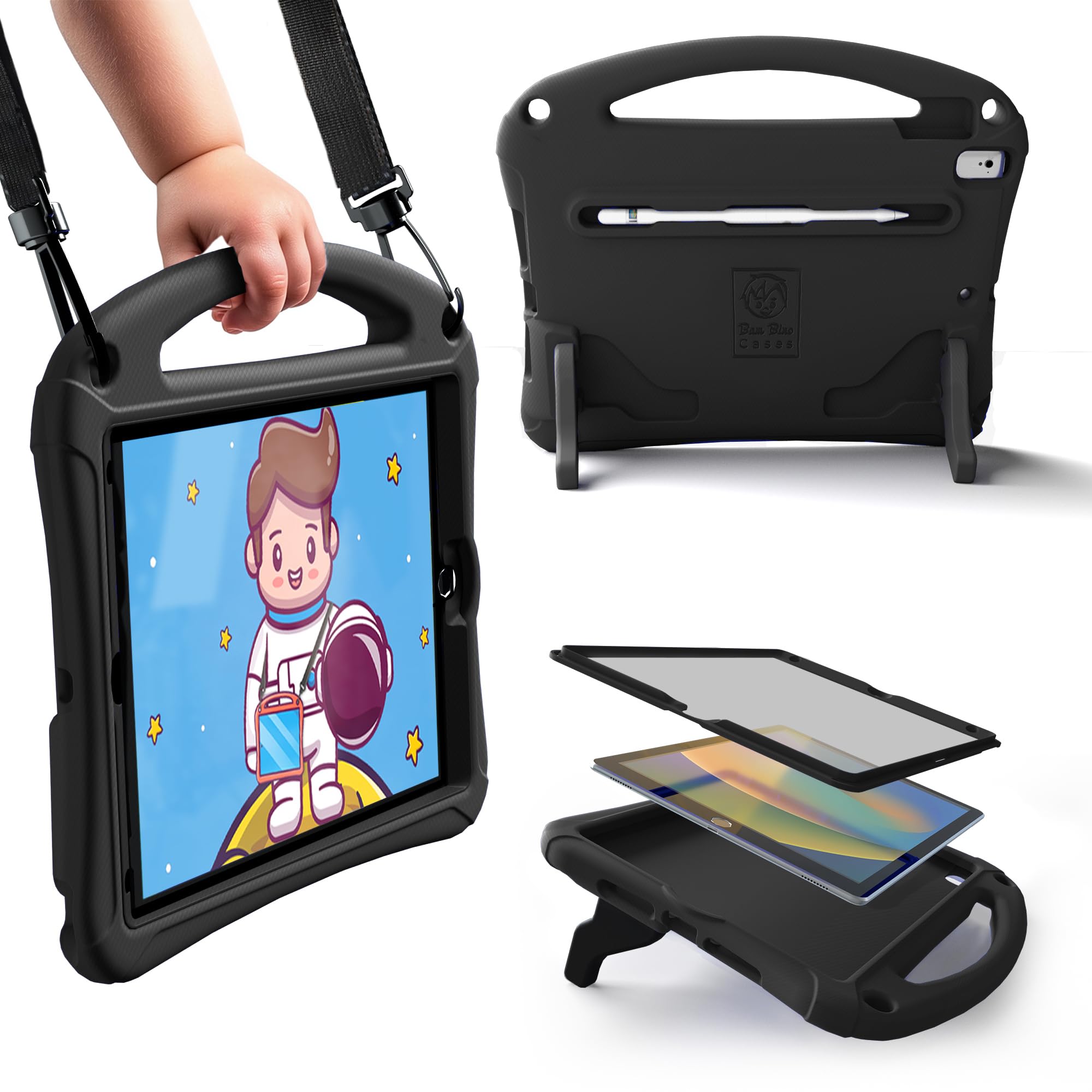 Bam Bino Space Suit iPad 9th Generation Case Kids, iPad 8th/7th (2021/2020/2019) 10.2 inch iPad Case, Lightweight shockproof with Screen Protector, Shoulder Strap, Handle, Stand (Cosmic Black) — image 1