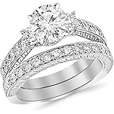 14K White Gold 2.5 Carat LAB GROWN DIAMOND Three Stone Vintage With Milgrain & Filigree Bridal Set with Wedding Band & Round Cut Diamond Engagement Ring (E-F Color VS1-VS2 Clarity 1.5 Ct Center)
