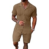 UOUA Summer Outfits for Men 2 Piece Short Sleeve Button Down Shirt & Shorts Set Casual Vacation Beach Tracksuit