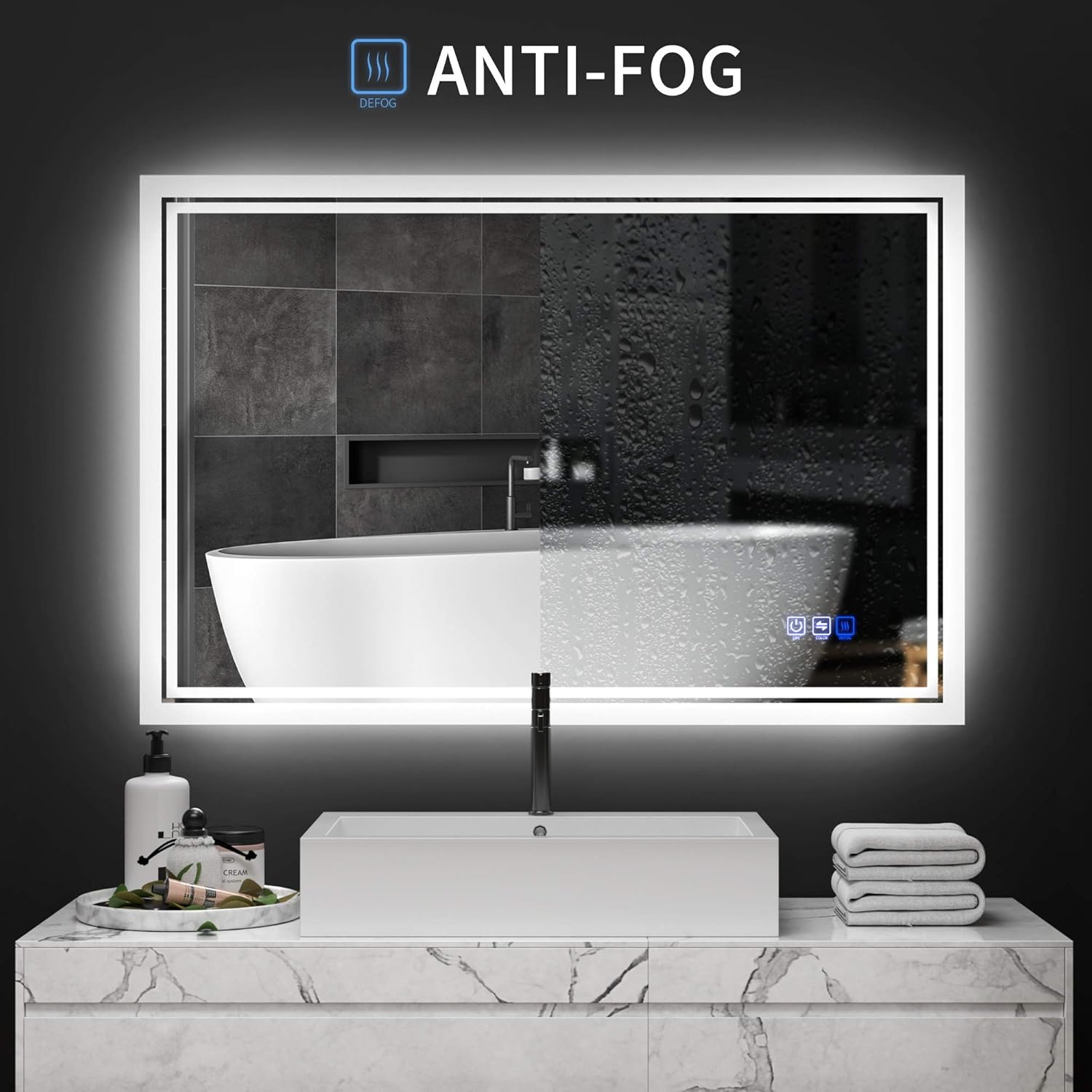 ANTEN 36x24 Inch Backlit Bathroom LED Mirror, Wall Mounted Bathroom Mirrors with LED Light, Horizontal/Vertical Anti-Fog Makeup Mirror: Home & Kitchen