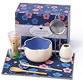 ChaseWind Matcha Set, 8Pcs Floral Ceramic Matcha Set with Matcha Whisk, Holder, Scoop, Scoop Rest, Sifter, Spoon and Tea Towel - Thoughtful Matcha Whisk Set Gift for Matcha Lovers (Beige & Blue)