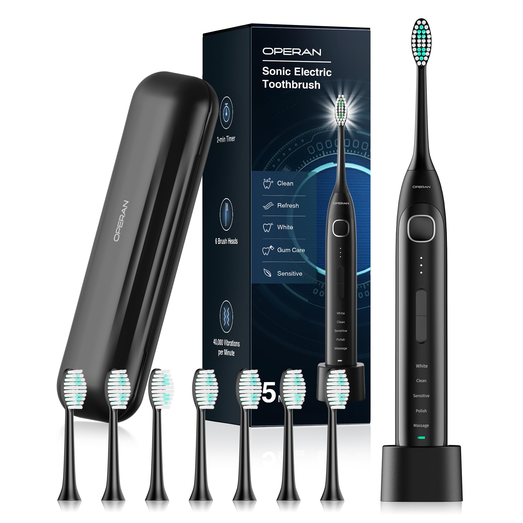 Electric Toothbrush for Adults and Kids Operan Sonic Rechargeable Toothbrush with 5 Modes 2-Min Smart Timer IPX7 Waterproof 40,000 VPM Motor with 8 Brush Heads & Travel Case Black