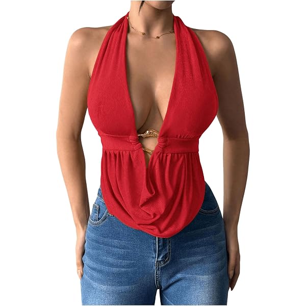SOLY HUX Women's Deep V Halter Top With Ruffle Trim - Y2K Sleeveless Slim Fit Tank Shirt