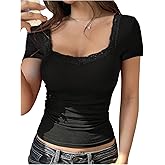 SweatyRocks Women's T Shirts Short Sleeve Lace Square Neck Ribbed Basic Tee Tops