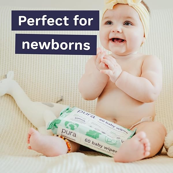 PURA NATURAL SENSITIVE BABY WIPES, 99% WATER, UNSCENTED & HYPOALLERGENIC, SUITABLE FOR SENSITIVE & ECZEMA-PRONE SKIN, FRAGRANCE FREE & HYPOALLERGENIC, EWG VERIFIED, 3 X 60 PER PACK (180 WIPES)