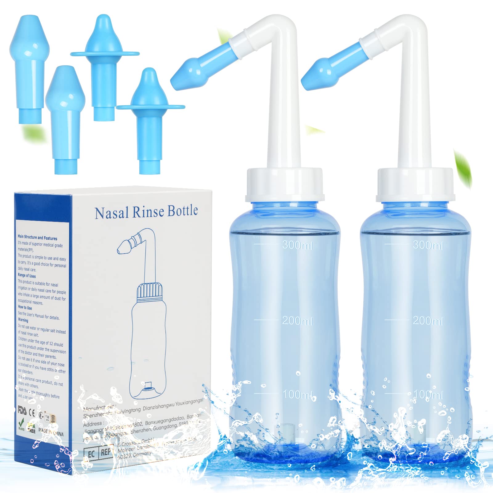 URAQT Neti Pot, Nasal Rinse Kit Nose Wash Cleaner, 300ml Sinus Rinse Bottle with 40 Nasal Wash Salt Packets, Pressure Rinse Nasal Irrigation for Adult and Kid BPA Free (2 Pcs300ML)