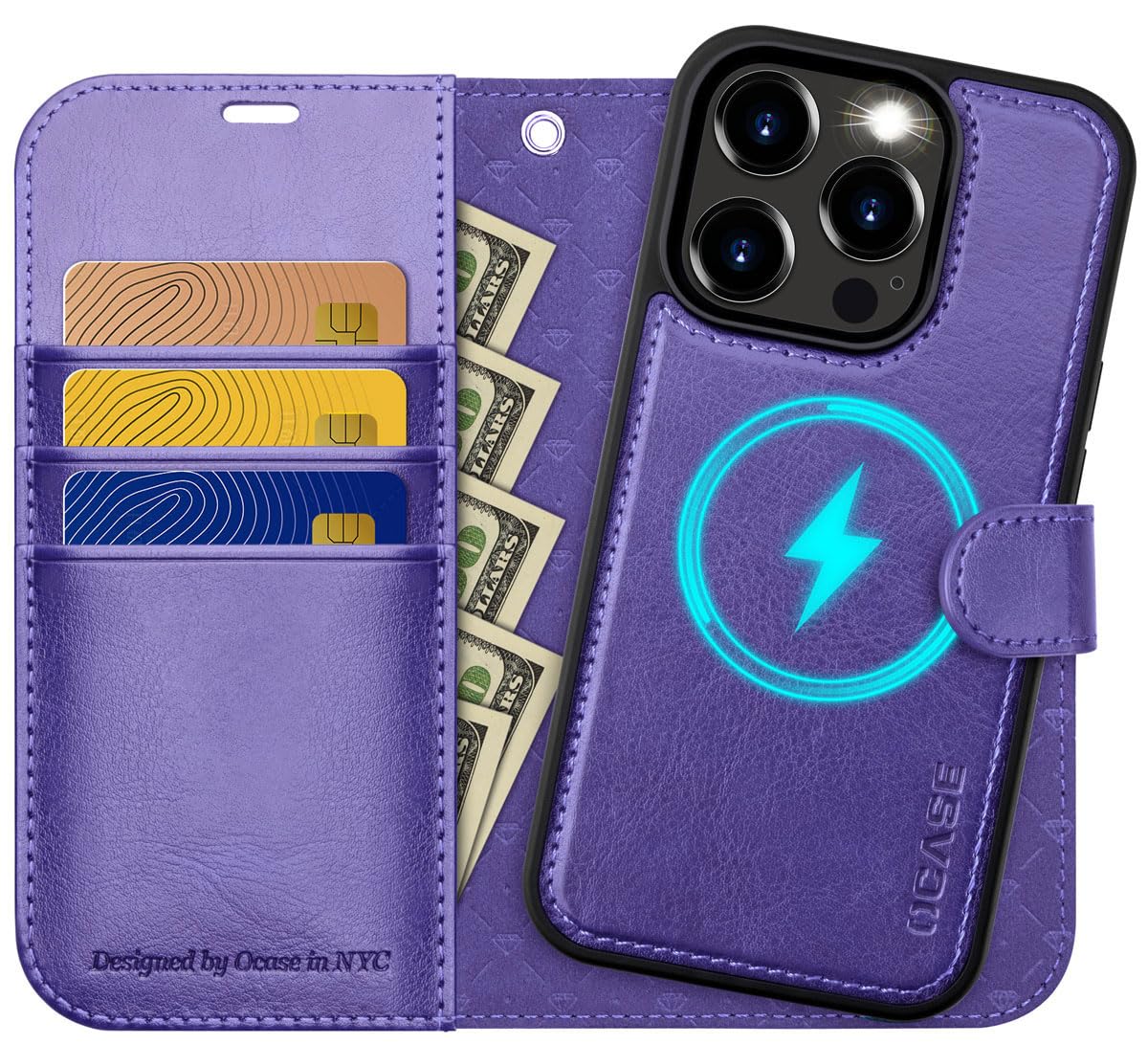 OCASE for iPhone 15 Pro Max Detachable Case, Magnetic Removable 2 in 1 Flip PU Leather Wallet Case with[Kickstand][RFID Blocking][Card Holder] Shockproof Phone Cover,Purple