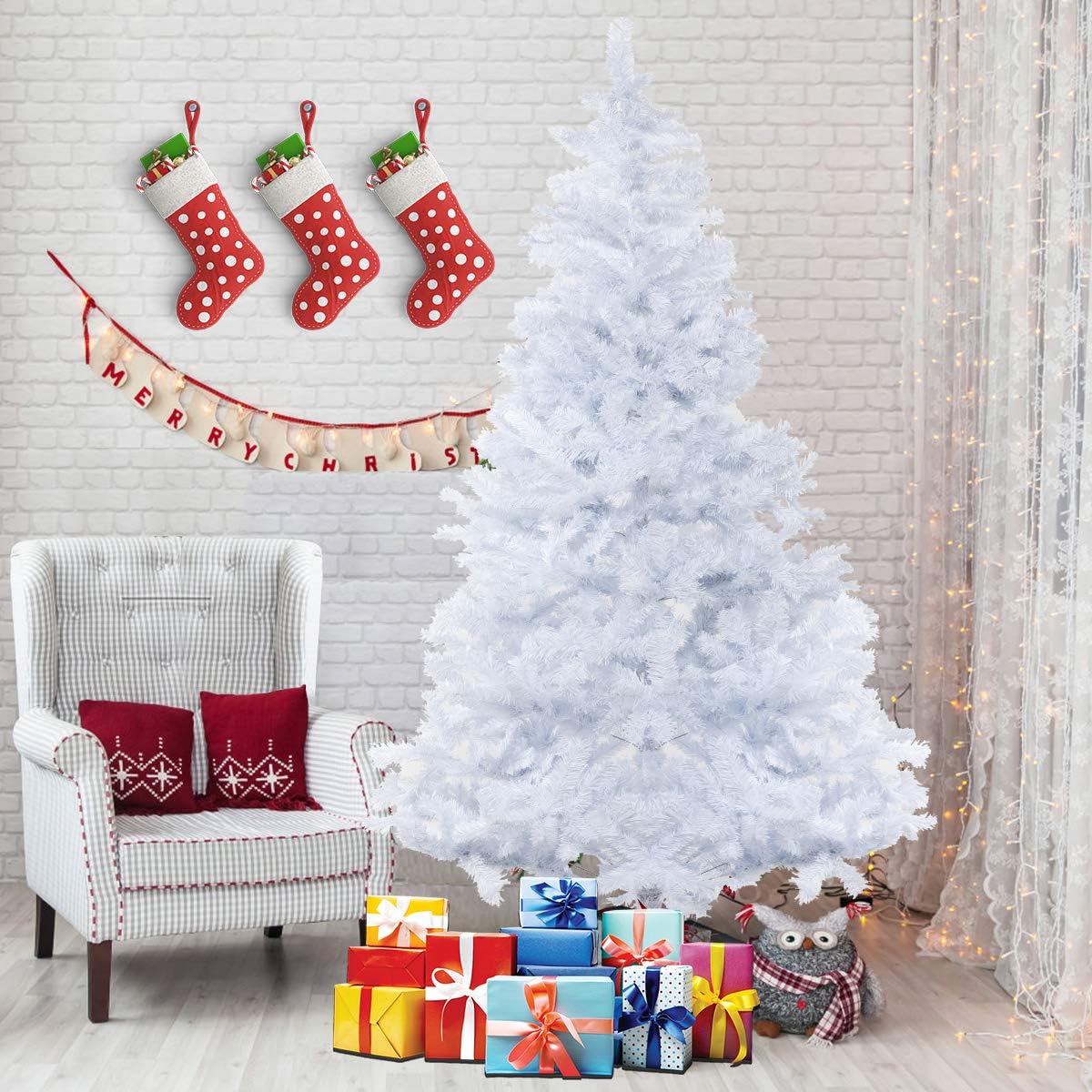 BOCCA 7 FT Christmas Artificial Pine Tree Full Branches Strong Iron Stand Indoor Outdoor (White), 7FT,