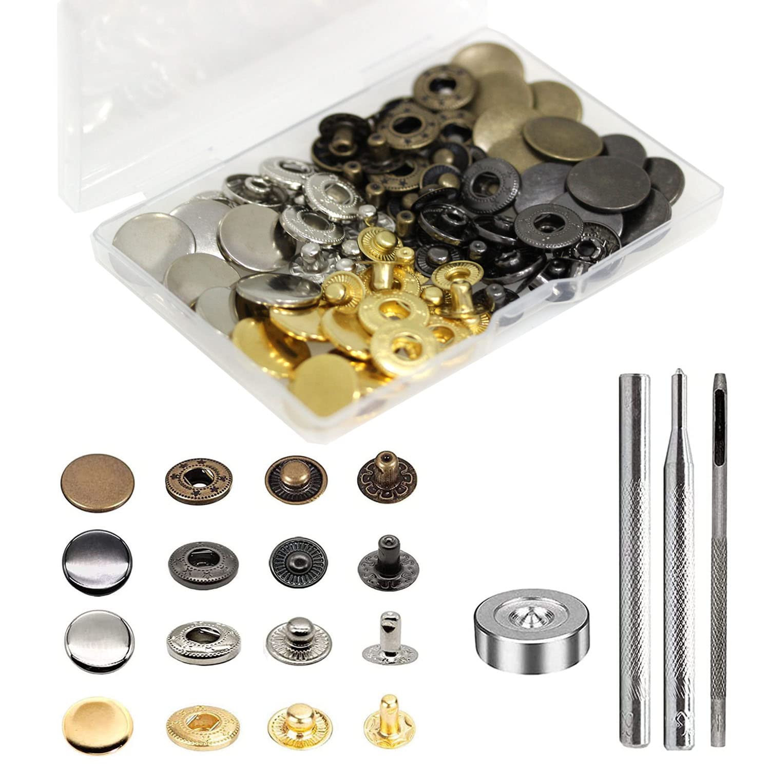 24 Sets Heavy Duty Leather Snap Fasteners Kit, BetterJonny 17mm Metal Snap Buttons Press Studs Leather Rivets Snaps with 4 Setter Tools for Clothes Bracelet Jackets Jeans, 4 Color