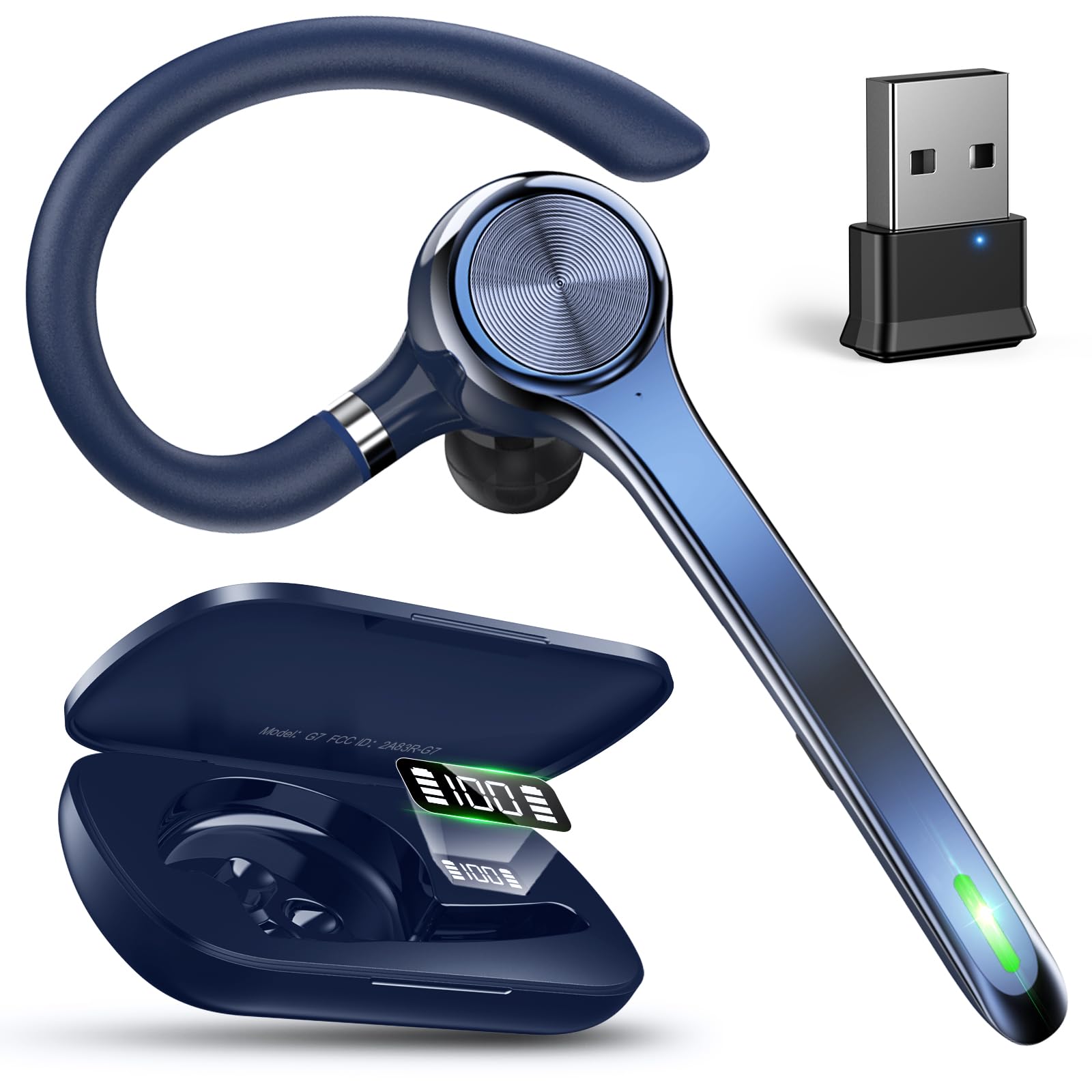 Ngsod Bluetooth Headset, Wireless Earpiece with Upgrade Noise Canceling Mic,500mAh Charging Case Support 72H Talking Time,Hand-Free Headphones with Mute Button for Computer Cell Phones Trucker-Blue