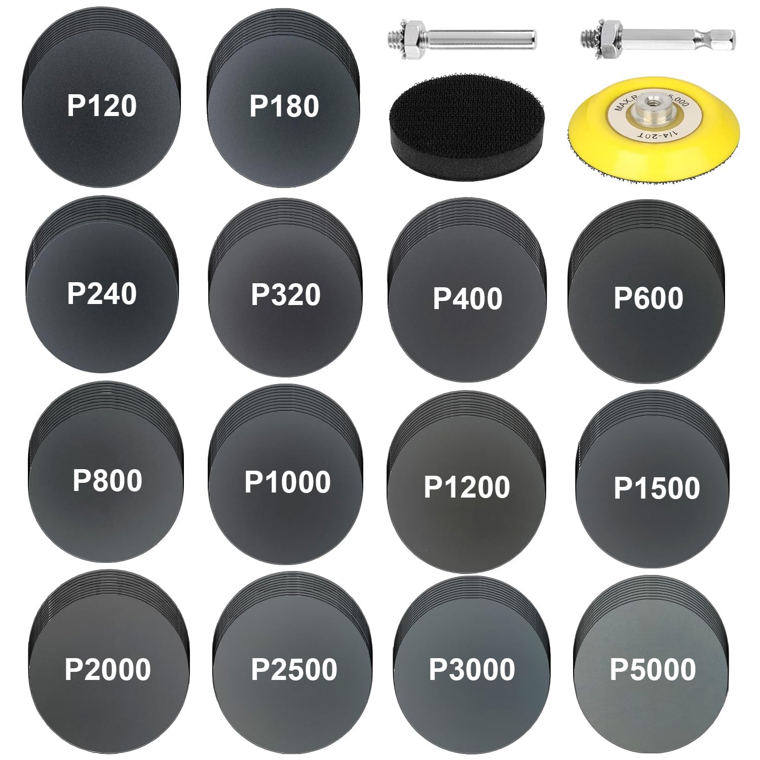 Photo 1 of 140Pcs 3 Inch Wet Dry Sanding Discs, Assorted 120 to 5000 Grit Silicon Carbide Hook & Loop Sandpaper with 1/4" Shank Sanding Pads and Foam Buffering Pad for Wood Metal Car Polishing & Finishing