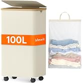 Lifewit 100L Laundry Hamper with Wheels and Lid, Removable Bag, White | Large Rolling Laundry Basket With Handles, Quick Setup, Sturdy Clothes Basket for Bedroom, Bathroom, Laundry Room, Dorm