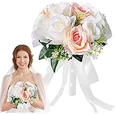 Qeedy Wedding Bouquets for Bride - Realistic Silk Flowers Artificial Roses, 8 Inch Bridesmaid Bouquet for Ceremony, Church, Anniversary, and Home Decoration (White & Blush Champagne)