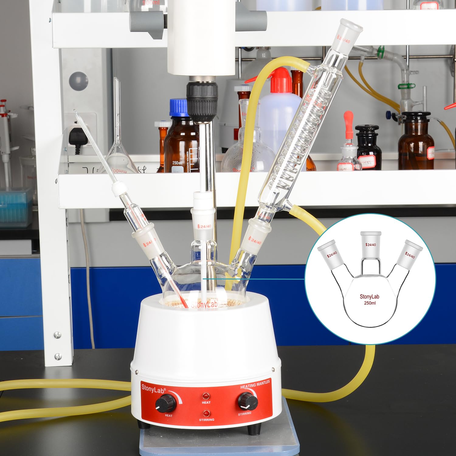 Stonylab Glass 500 ML Heavy Wall 3 Neck Round Bottom Flask RBF, With 19 22 Center And Side Standard Taper Outer Joint 500 Ml