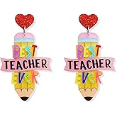 Sonateomber Student Teacher Pencil Heart Dangle Drop Earrings for Women, Creative Statement Letter Colorful Acrylic Earings Back to School Graduation Appreciate Accessories Jewelry Gift