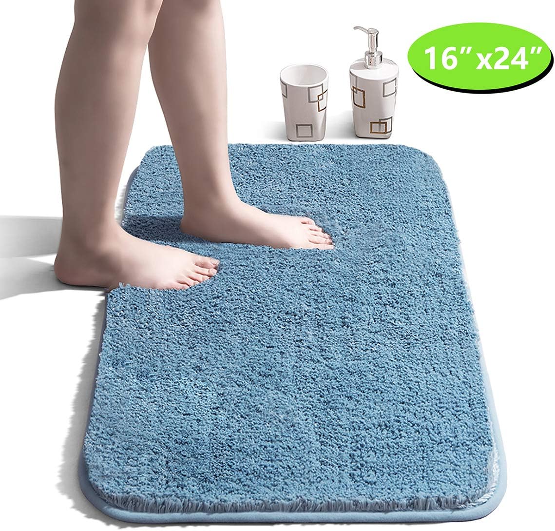 Bathroom Rug Non Slip Bath Mat for Bathroom Water Absorbent Soft Microfiber Shaggy Bathroom Mat Machine Washable Bath Rug for Bathroom Thick Plush Rugs for Shower - Light Blue, 16"x24"