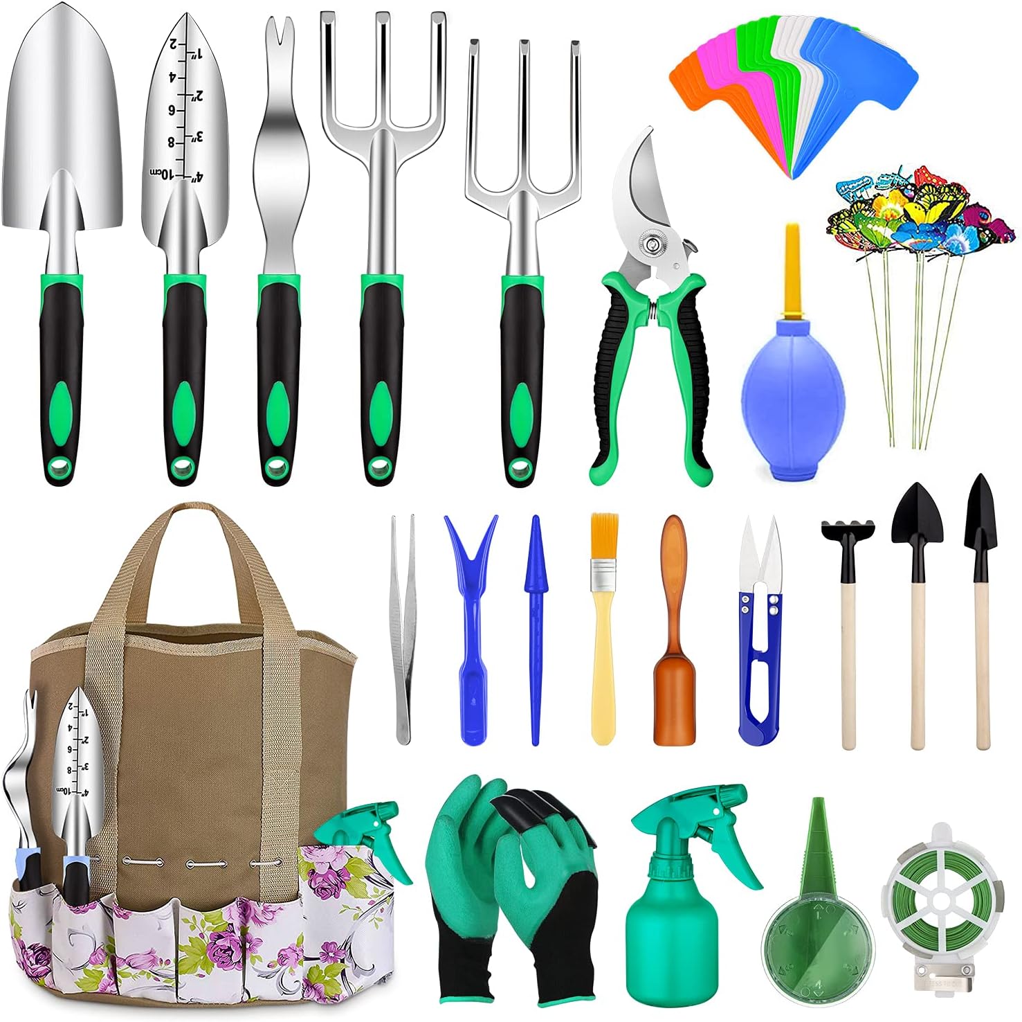 82 Pcs Garden Tools Set, Extra Succulent Tools Set, Heavy Duty Gardening Tools Aluminum with Soft Rubberized Non-Slip Handle Tools, Durable Storage Tote Bag, Gifts for Men (Green) : Garden & Outdoor
