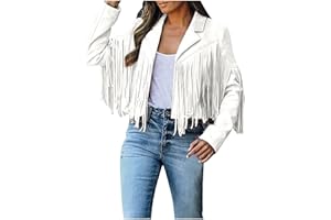 SEAOPEN Womens Faux Suede Leather Jacket 70s Hippie Clothes Lapel Tassel Cardigan Solid Long Sleeve Coat Fringe Outwear