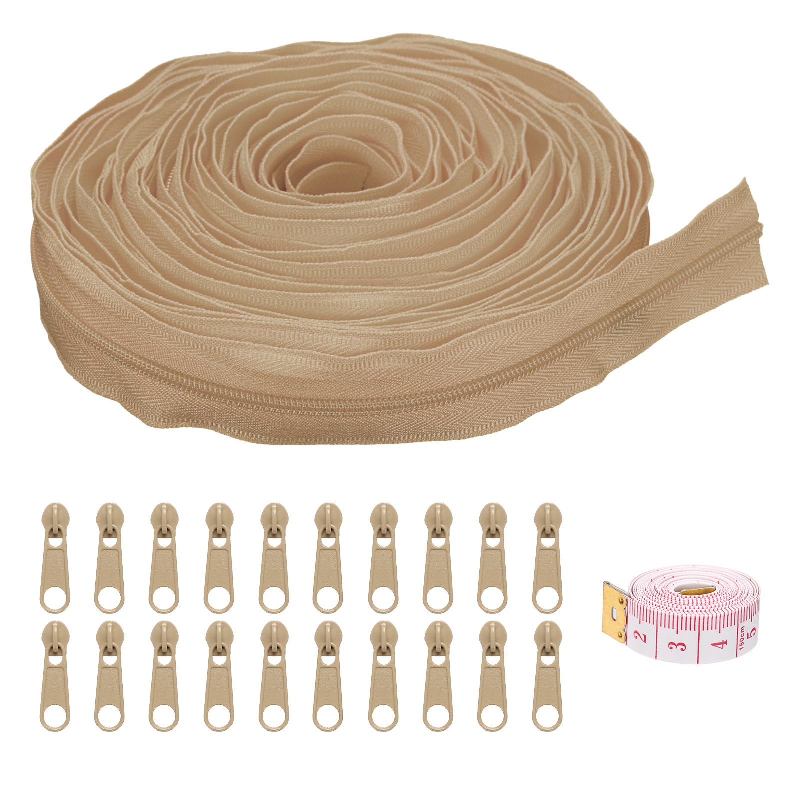 uxcell #3 10 Yards Nylon Coil Zippers, Bulk Coil Zipper by The Yards with 20 Pcs Zippers Sliders and Ruler for DIY Tailor Sewing Craft Bag Clothes, Beige