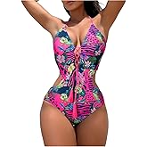 OYOANGLE Women's Tropical Lace Up Cut Out Monokini Swimsuit Tie Backless Halter One Piece Swimwear