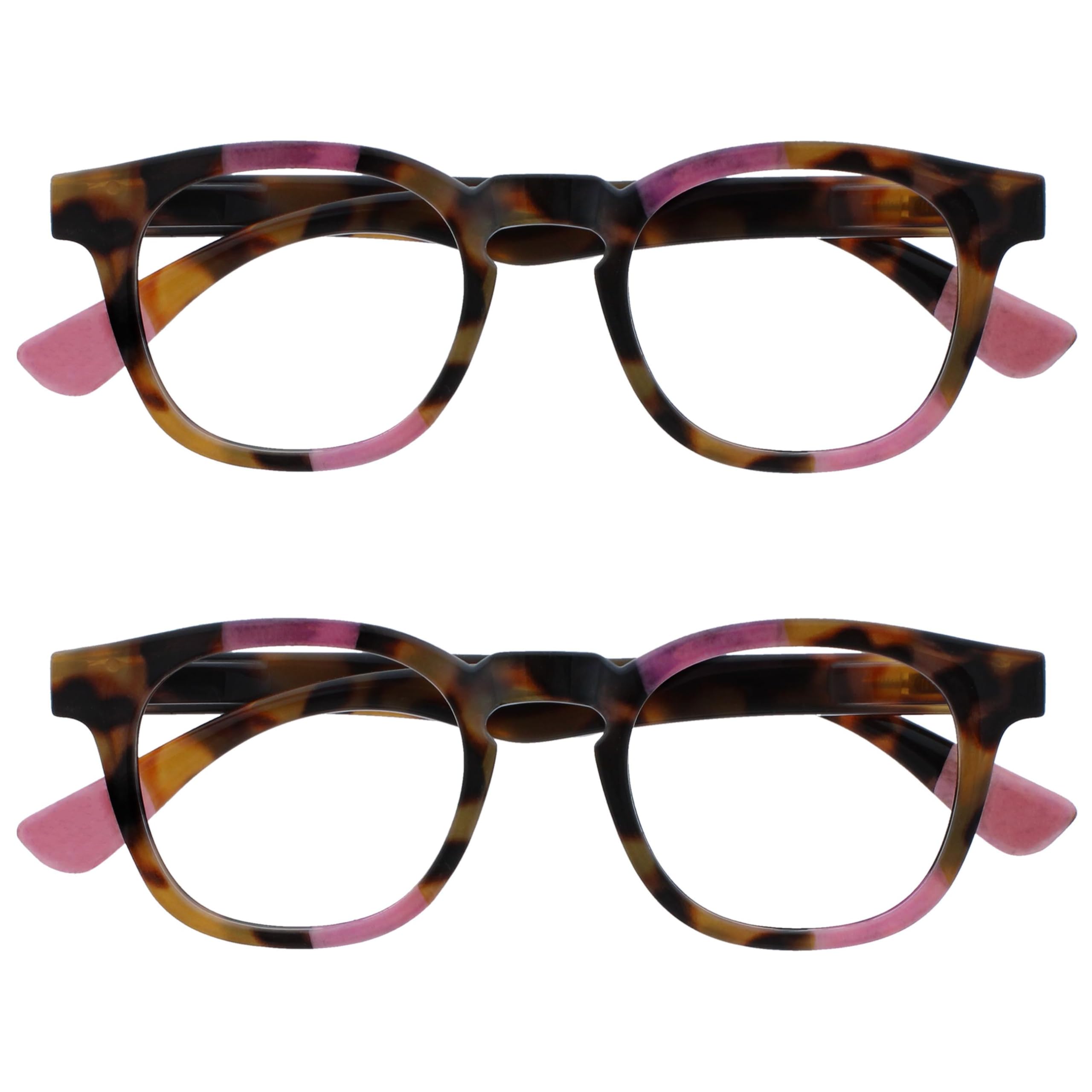 OPULIZE Ava Reading Glasses 2 Pack Flattering Rounded Frame Spring Hinges Scratch Resistant Brown Tortoiseshelll Pink Mens Womens RR62-4 +1.00
