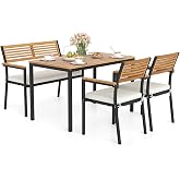 Tangkula 4 Piece Acacia Wood Outdoor Dining Set with 2 Stackable Armchairs | Patio Table and Chairs Set, 2 Cushioned Chair &amp; 1 Bench, 1 Table, 1.97" Umbrella Hole, for Deck, Poolside, Garden, Backyard