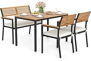 Tangkula 4 Piece Patio Dining Furniture Set, Outdoor Dining Chair Set for 4 w/Acacia Wood & Metal Frame, Umbrella Hole, 1 Table, 2 Armchairs, 1 Bench for Lawn, Garden, Backyard, Porch (Off White)