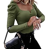 Tankaneo Womens Puff Long Sleeve Shirts Fall Square Neck Ribbed Knit Elegant Sweater Tops Silm Fitted Dressy Casual Blouse